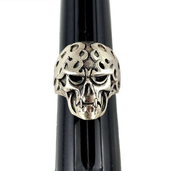 Men's Sterling Silver Flaming Skull Biker Ring - Picture 9 of 10